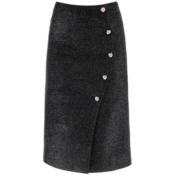 Ganni metallic tweed wrap skirt with embossed buttons
